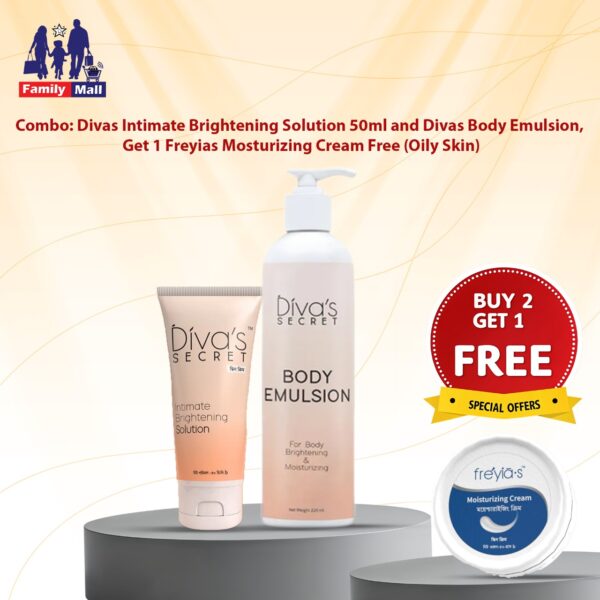 Combo: Divas Intimate Brightening Solution (50ml) + Divas Body Emulsion – Get 1 Free Freyia’s Moisturizing Cream for Oily Skin