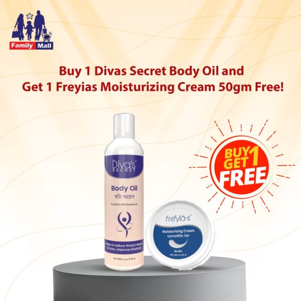 Buy 1 Divas Secret Body Oil & Get 1 FREE Freyia’s Moisturizing Cream (50gm)