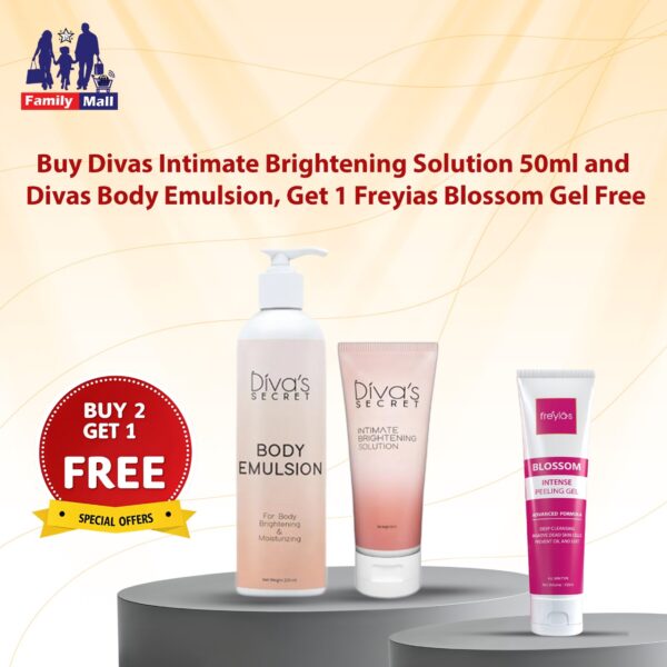Buy Divas Intimate Brightening Solution 50ml and Divas Body Emulsion, Get 1 Freyias Blossom Gel Free